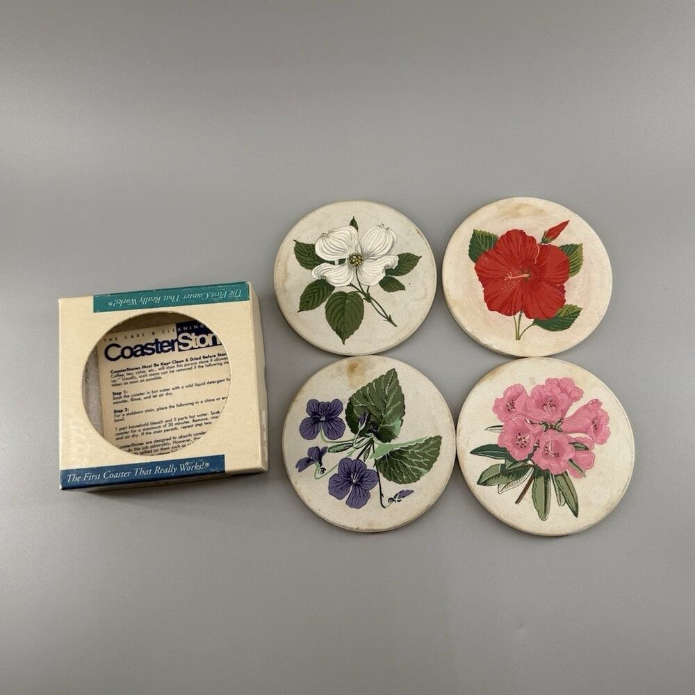 Vintage CoasterStone Floral Sandstone Coaster Set of 4 With Original Box